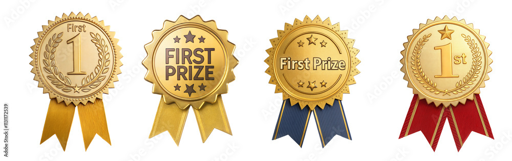 Aufkleber set of  Golden badge's for first prize winners. isolated on transparent background with a clipping path	
