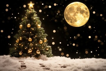 Obraz premium Snowy Background with Christmas Tree and Moonlit Night Scene