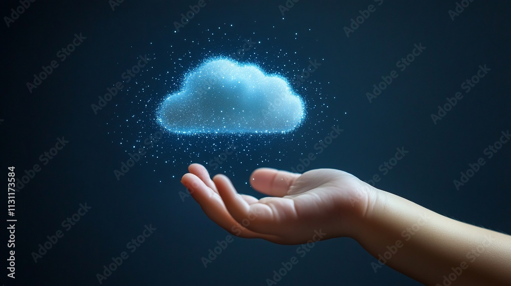 Wall mural hand holding a glowing digital cloud, symbolizing data storage and cloud computing.