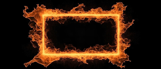 abstract orange fire burning rectangle ornament isolated over black background; flame border burning hot