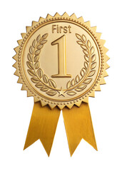 Golden badge for first prize winner. isolated on transparent background with a clipping path	
