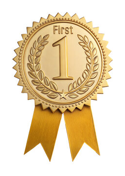 Golden badge for first prize winner. isolated on transparent background with a clipping path	
