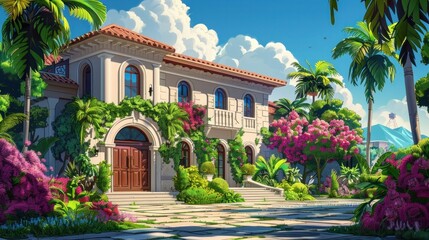 Fototapeta premium Breathtaking Tropical Paradise A Majestic Villa Surrounded by Lush Blooming Gardens and Captivating Ocean Vistas