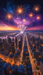 Obraz premium illustration of colorful fireworks above the city with spectators for new year event celebration or celebration