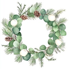 Fototapeta premium A beautiful wreath made of eucalyptus leaves, pine cones, and decorative white ornaments, arranged neatly on a white isolated background.