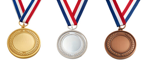 Collection of three blank medals for first three winners , isolated on free png background  - winner copy space for text.