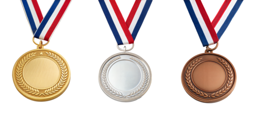 Collection of three blank medals for first three winners , isolated on free png background  - winner copy space for text.