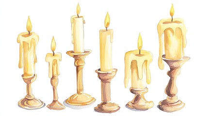 A collection of elegant candles in various heights, melting wax drips, and warm light, perfect for creating a cozy and inviting atmosphere white isolated background.