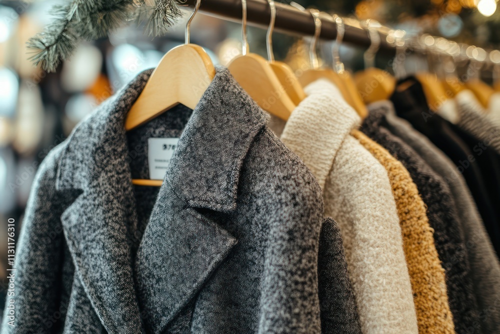 Poster a display of stylish coats hanging on a rack in a retail setting.
