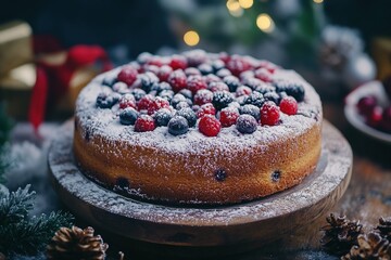 Holiday berry cake dusted with powdered sugar.