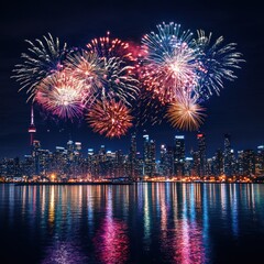 Vibrant fireworks explode over a glittering city skyline reflected in calm water at night.