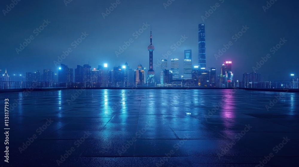 Poster Nighttime cityscape of Shanghai with illuminated skyscrapers and reflective surfaces.
