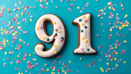 Decorated cookie, number 91, festive food for birthday or anniversary with confetti and colorful background
