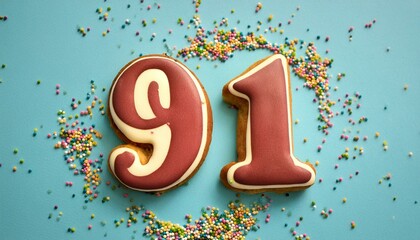 Decorated cookie, number 91, festive food for birthday or anniversary with confetti and colorful background