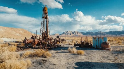 An abandoned oil drilling site in the desert, surrounded by rusting machinery and dry, cracked soil, background wallpaper AI generated image