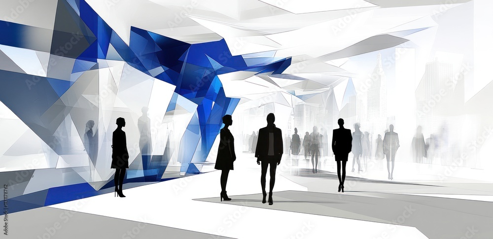 Poster Abstract urban space with silhouettes, emphasizing modern design and interaction.