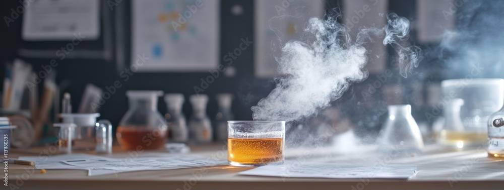 Poster A laboratory scene with a steaming beaker and various glassware on a table.