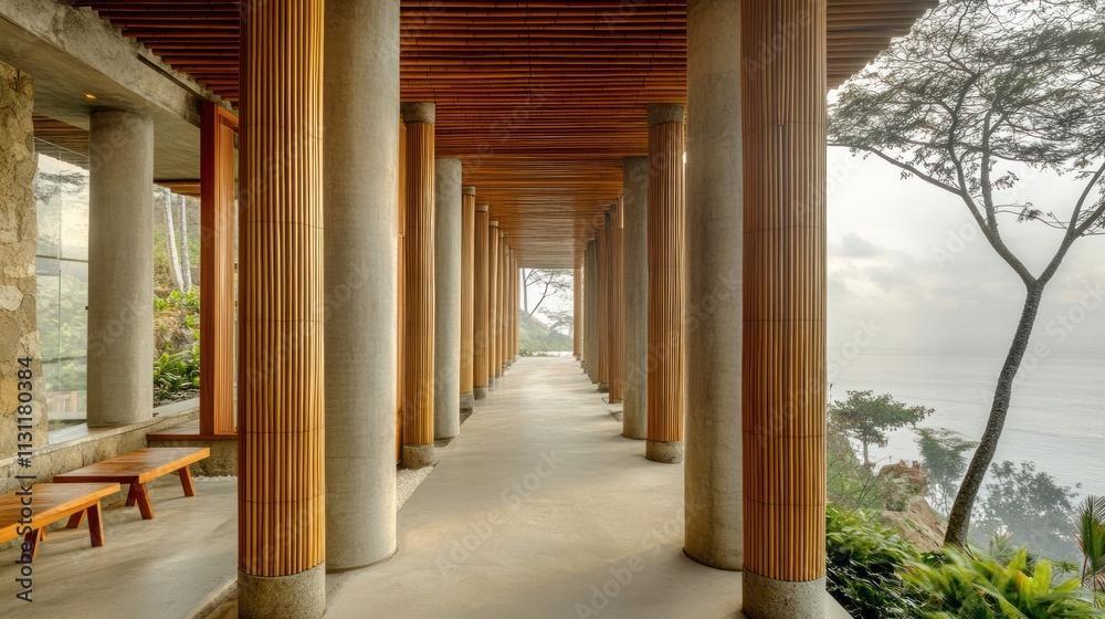 Poster a serene corridor with wooden columns and a view of nature, promoting tranquility and design.