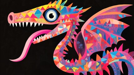 Obraz premium Vibrant geometric dragon illustration with large eye and long tongue against black background.