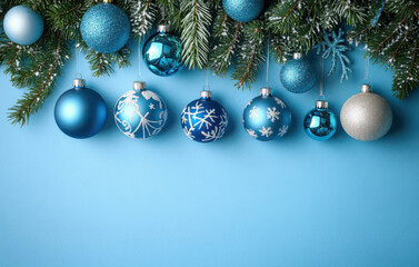 Festive Blue Christmas Ornaments Fir Branches on Blue Background