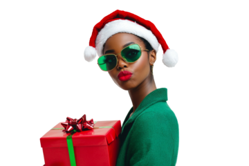 Fashionable woman in Santa hat wearing sunglasses holding a Christmas gift isolated on transparent png background.