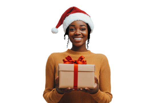 Happy woman with santa hat holding gift box with red ribbon and smiling isolated on transparent png background.