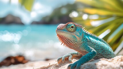 Relaxed chameleon basking in the sun on a tropical beach, blending with the vibrant surroundings, soaking up the vacation vibes.