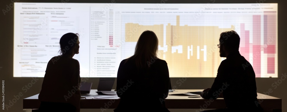 Poster A team discusses data visualizations during a meeting.