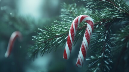A close view of several pieces of red and white peppermint candy sticks on fresh pine boughs.
