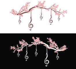 spring cherry tree branch and hanging treble clef decor - pink sakura flowers border for classical music festival vector design set