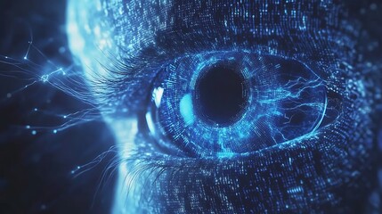 Close-up of a futuristic glowing blue eye with digital data streams.