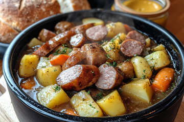 stew with potatoes and vegetables. The dish features tender slices of salted pork, smoky sausages, and chunks of lard, surrounded by vibrant vegetables including potatoes, carrots, turnips.