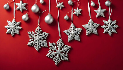 christmas silver snowflake and ornaments on red background. xmas winter holiday greeting card, backdrop, banner, wallpaper. elegant luxury. december new year design