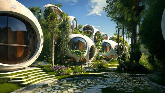 Futuristic Eco-Village: A captivating vision of a sustainable future, this digitally rendered image showcases a community of unique, biodome-like dwellings nestled within a lush, verdant landscape.