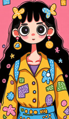 A girl with long hair and colorful clothing is wearing a yellow shirt with a flower design. Wallpaper for mobile phone.	