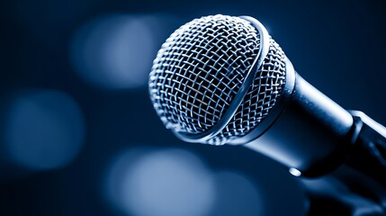 Obraz premium Close-up of a microphone against a blurred blue background.