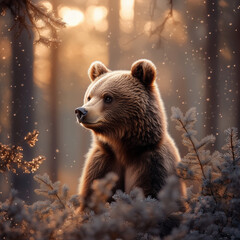Obraz premium A close-up of a grizzly bear’s face with pine trees in the blurred background, sunlight highlighting its fur and sharp eyes, calm and natural mood, intricate detail on the bear’s expression