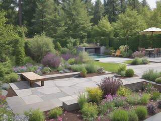 Stunning backyard garden and patio design on concrete floor in the Northwest region of the USA