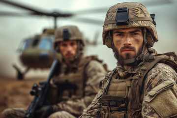 Fototapeta premium Portrait of a brave soldier in uniform. Helicopter in the background. 