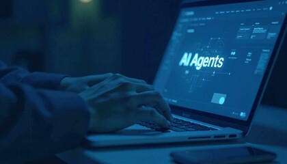Hands using laptop with AI agents screen in blue tones, focused digital work, machine learning, artificial intelligence, programming and software development concept.