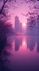 Fototapeta premium Serene cityscape at sunset, with reflections on water and a misty atmosphere.