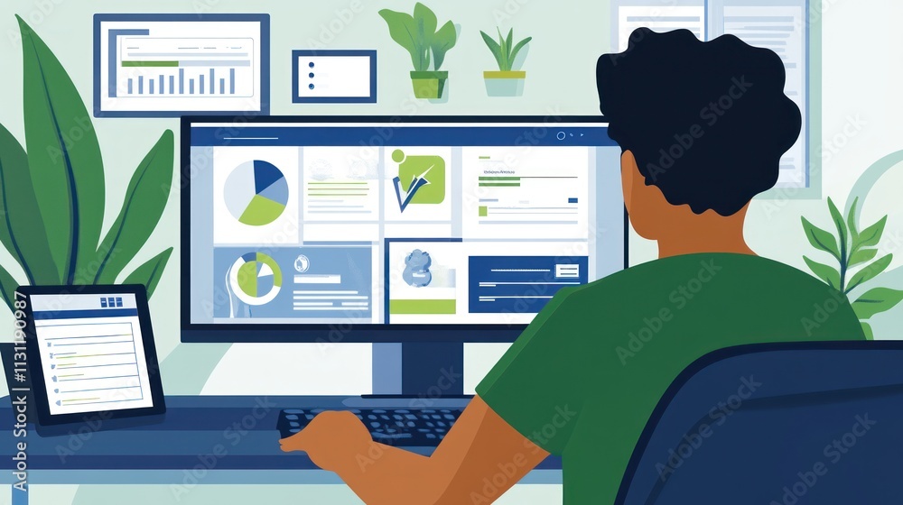 Aufkleber A person analyzing data on a computer screen in a green-themed workspace.