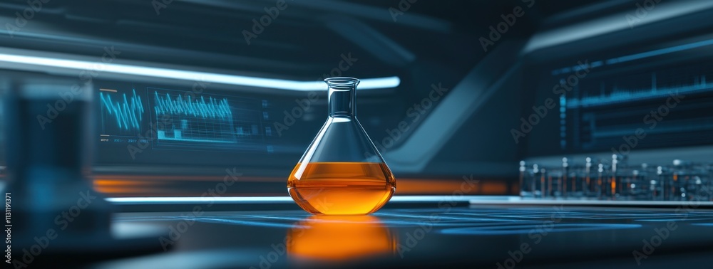 Aufkleber a laboratory flask containing orange liquid, set against a high-tech background.