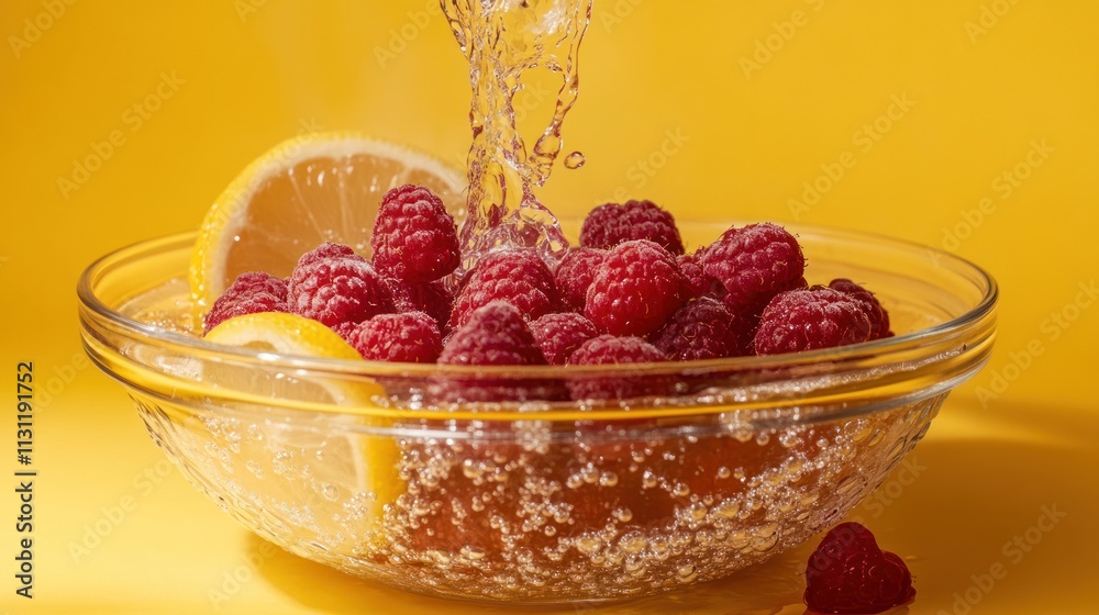 Poster fresh raspberries and lemon slices in a bowl with water splashing, highlighting freshness.