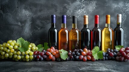 Obraz premium Assortment of wine bottles and grapes on dark background.