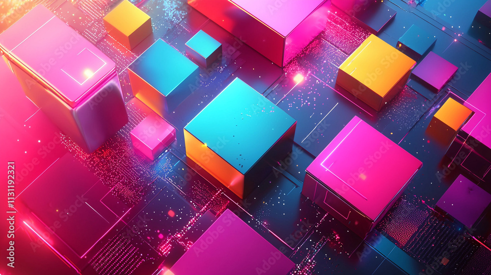 Poster ai generated cube animation digital space abstract art neon environment top-down view tech innovatio