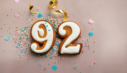 Decorated cookie, number 92, festive food for birthday or anniversary with confetti and colorful background