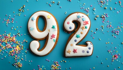 Decorated cookie, number 92, festive food for birthday or anniversary with confetti and colorful background