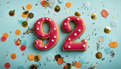Decorated cookie, number 92, festive food for birthday or anniversary with confetti and colorful background