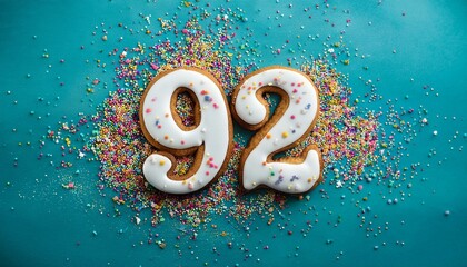 Decorated cookie, number 92, festive food for birthday or anniversary with confetti and colorful background